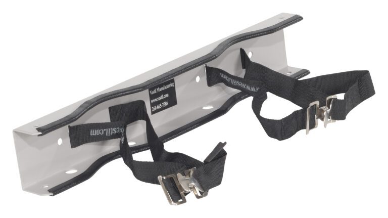 The Vestil Steel Wall-Mounted 2 Cylinder Bracket, in gray, includes two black straps with metal buckles for secure cylinder attachment and has multiple mounting holes for easy installation.