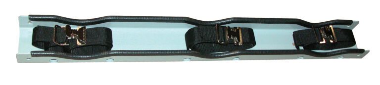 The Vestil Steel Wall-Mounted 3 Cylinder Bracket has a durable metal frame with three black straps and silver buckles to secure cylinders, along with evenly spaced holes for easy mounting.