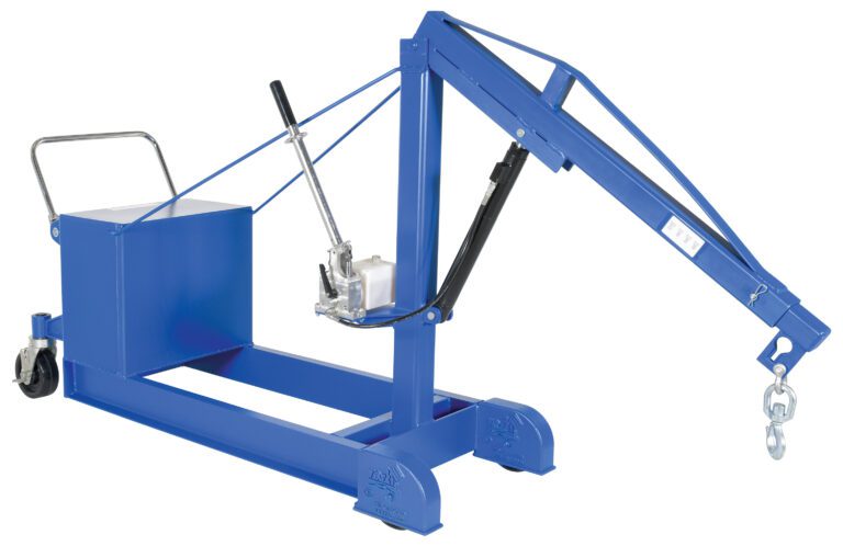 The Vestil Counter Balanced Floor Crane 1000 Lb features a blue hydraulic design, wheeled base, manual pump lever, and an adjustable arm with a metal hook. Handles on the base ensure easy maneuvering for heavy lifting tasks.