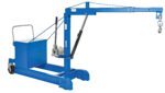The Vestil Counter Balanced Floor Crane 500 Lb is a blue hoist with a wheeled base, adjustable arm, and metal hook. Its lever-operated hydraulic pump supports up to 500 lb, making lifting heavy objects in workshops or garages effortless.