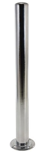 The Vestil Chrome Plated Safety Bollard 42X8X8 is a tall, cylindrical metallic bollard with a round base and features a smooth, reflective surface.
