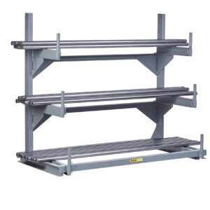 The gray Little Giant Welded Cantilever Rack features three horizontal beams and vertical supports, ideal for storing long items like pipes or beams. Its robust metal build is expertly crafted for efficient storage.