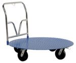 The blue, round platform dolly resembles the Vestil Portable Pallet Cart/Carousel 48 In Dia, featuring a V-shaped metal handle, four black wheels, and a textured surface for secure cargo handling. Its silver handle combines style and functionality effectively.