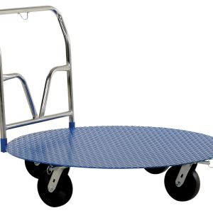 The blue, round platform dolly resembles the Vestil Portable Pallet Cart/Carousel 48 In Dia, featuring a V-shaped metal handle, four black wheels, and a textured surface for secure cargo handling. Its silver handle combines style and functionality effectively.