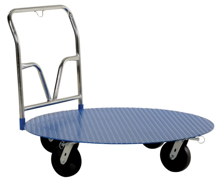 CC-48_A.jpg The blue, round platform dolly resembles the Vestil Portable Pallet Cart/Carousel 48 In Dia, featuring a V-shaped metal handle, four black wheels, and a textured surface for secure cargo handling. Its silver handle combines style and functionality effectively.