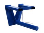 The Vestil Coil Lifter Fork Mounted 5500 Lb 24 In is a blue steel forklift attachment with a V-shaped design, two rectangular tine slots, and an outward-extending cylindrical hook. A central chain provides additional support for reliable lifting.