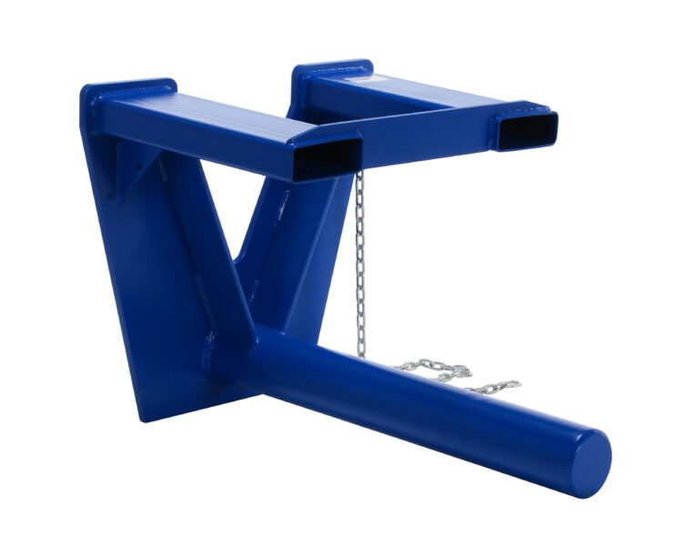 CCF-24-5_A.jpg The Vestil Coil Lifter Fork Mounted 5500 Lb 24 In is a blue steel forklift attachment with a V-shaped design, two rectangular tine slots, and an outward-extending cylindrical hook. A central chain provides additional support for reliable lifting.