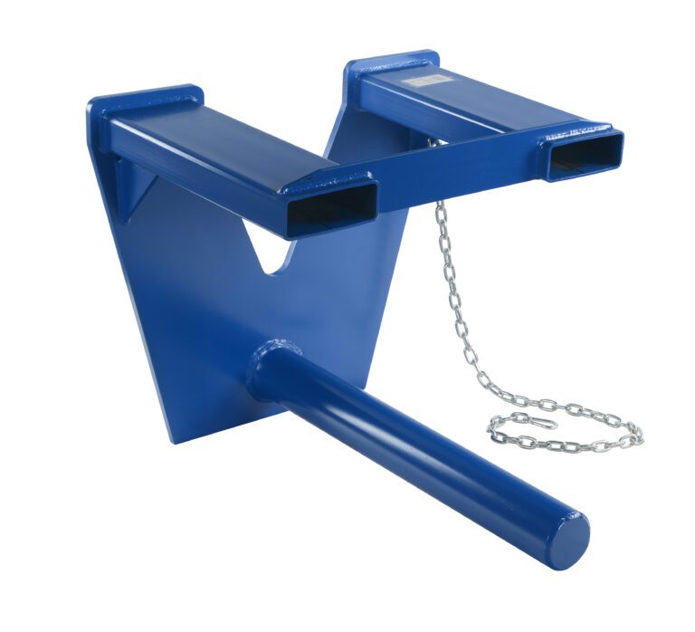 The Vestil Coil Lifter Fork Mounted 3000 Lb 48 In features a blue steel attachment with a V-shaped base, two rectangular tubes, a cylindrical rod, and an integrated metal chain for precision in fork-mounted tasks up to 3000 lbs and 48 inches wide.