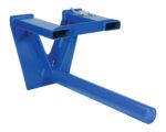 Meet the Vestil Coil Lifter Fork Mounted 5500 Lb 48 In, a blue attachment featuring a single cylindrical boom for easy roll lifting. Its angular design and top safety chain provide stability and reliability for your tasks.