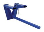 Introducing the Vestil Coil Lifter Fork Mounted 3000 Lb 60 In, designed with a sturdy blue steel construction featuring a long horizontal pole from a triangular base. It includes two top slots and a secure mounting chain, ideal for lifting cylindrical items up to 3000 lbs and 60 inches in length.