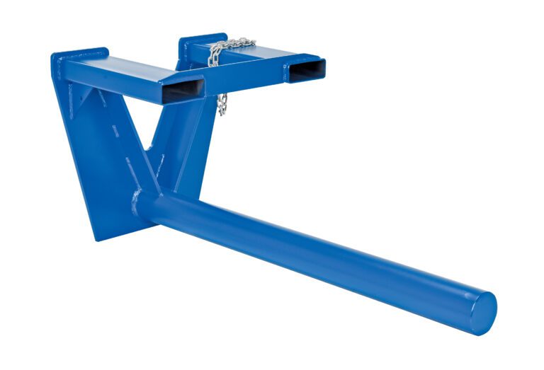 The Vestil Coil Lifter Fork Mounted 5500 Lb 60 In forklift attachment has a blue boom with a cylindrical arm from a V-shaped bracket and includes a metal chain at the top for secure lifting.