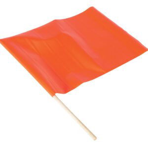 The Vestil Optional Traffic Control Flag - Orange is shown attached to a robust wooden pole, set against a pristine white backdrop.