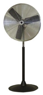 The Vestil Com Circulator Pedastal Fan offers a 24-inch diameter in a sleek black design. Its three blades and metal grill ensure cooling, while the adjustable stand and sturdy round base provide reliable air circulation.