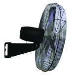 Side perspective of a black-finished Vestil Commercial Circulator Wall Fan 24 In Dia, featuring a protective metal grille, oscillating function, and metallic blades. Positioned left against a white background to highlight its sturdy base.