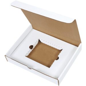 The MH-USA White CD Literature Mailer Kits (50/Bundle) boast a 11 1/8 x 8 3/4 x 2 white cardboard design with a square insert and stability cutouts, highlighted through an angled display to showcase their open lid and flat structure.
