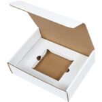 The MH-USA 11 1/8 x 8 3/4 x 3 White CD Literature Mailer Kits features a white cardboard box with a center square cutout on the bottom and a partially folded lid showing its brown interior. Each bundle contains 50 mailers.