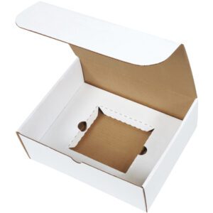 The MH-USA 11 1/8 x 8 3/4 x 4 White CD Literature Mailer Kit (50/Bundle) is an open white cardboard box with a hinged lid and square cutout at the bottom. The interiors simple brown design hints at its purpose: securely holding and displaying specific items.