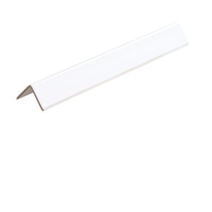 A white L-shaped corner guard with a smooth finish, like the 24-inch Vestil Cargo Edge Protectors, rests on a plain white background. Its crafted to cover edges and corners, enhancing safety and preventing damage.