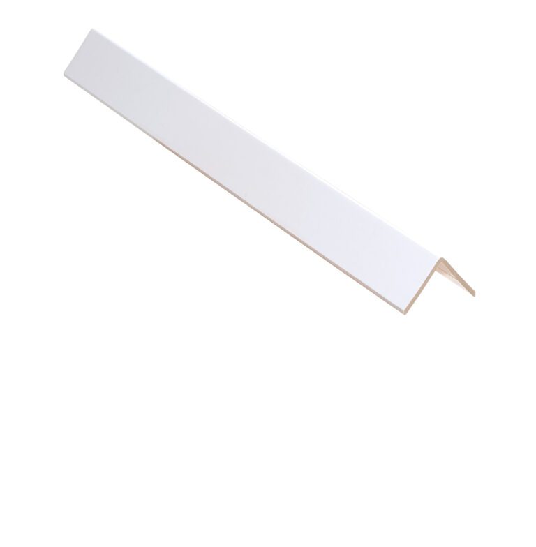 A 90-degree white angle trim, similar to the Vestil Cargo Edge Protectors 36 In Length, is used for finishing edges in construction or home improvement and is shown diagonally on a plain white background.