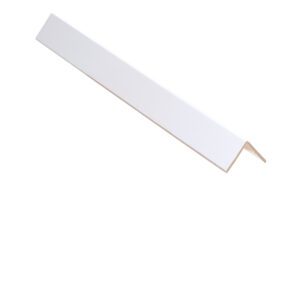 A 90-degree white angle trim, similar to the Vestil Cargo Edge Protectors 36 In Length, is used for finishing edges in construction or home improvement and is shown diagonally on a plain white background.