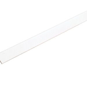 Against a plain white background, a smooth, elongated L-shaped metal angle bracket is positioned diagonally with one edge slightly elevated. It resembles the Vestil Cargo Edge Protectors 48 In Length.
