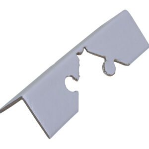 A slightly bent white interlocking puzzle piece with irregular cutouts and a reflective surface appears on a white background, echoing the sleek design of Vestil Cargo Edge Protectors 2 In Length as part of a three-dimensional puzzle.