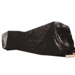 The large object is covered with MH-USA 20 x 100 - 4 Mil Black Poly Sheeting (1/Case), its glossy surface partially revealing the form, while a small pallet supports the base.