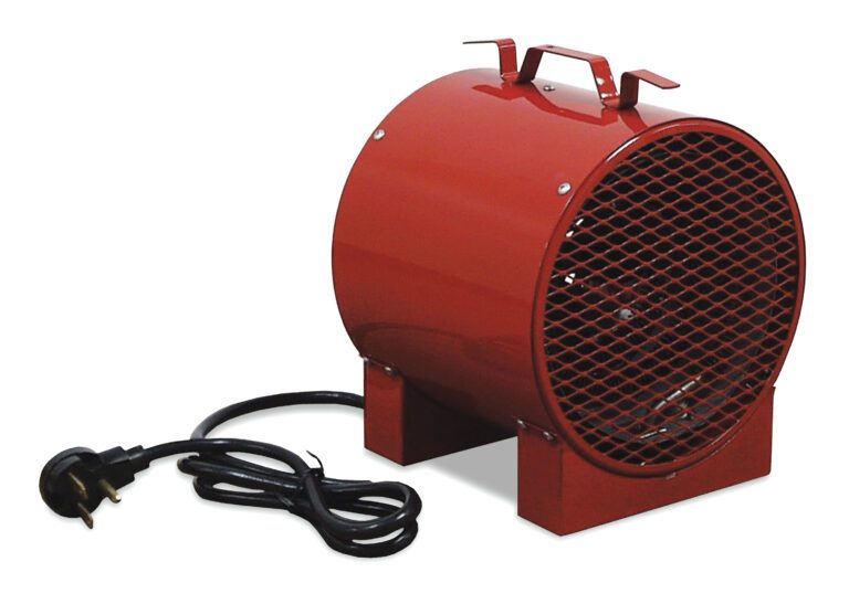 The red Vestil Light Weight Portable Electric Heater, with a metal grille front, has top handles and a rear black power cord. It stands on small supports for stable placement, providing efficient warmth conveniently.