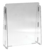 The Vestil Cashier Guard 23X28 features a clear polycarbonate central panel with two angled side panels, designed to stand on any surface. This protective barrier joins transparent panels with hinges for stability.