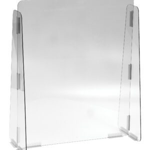 The 23x28 1/8 Vestil Cashier Guard is made from a solid polycarbonate panel with a clear acrylic sneeze guard, featuring three panels—flat top and angled sides—and stands securely on desks or counters with two support legs per side for sturdy protection.