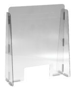 The Vestil Cashier Guard 23X28 is a clear, freestanding polycarbonate sneeze guard with a rectangular shape and an 11x5 slot at the bottom, featuring side panels for stability and excellent protection against airborne particles in close-contact settings.