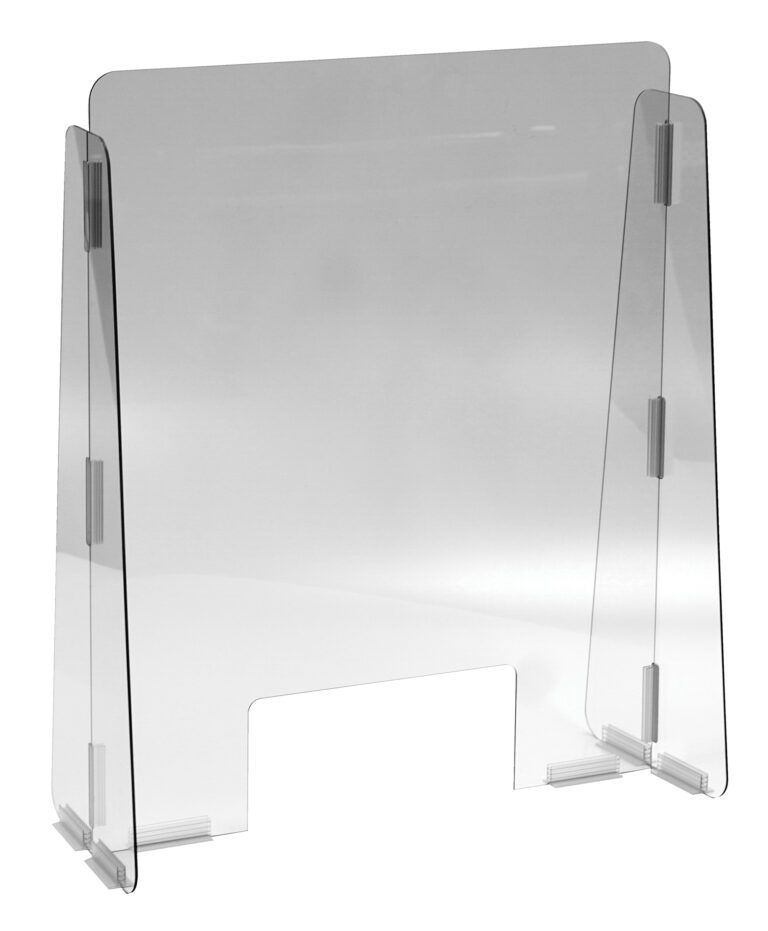 The Vestil Cashier Guard features 1/8 polycarbonate panels in a U-shape and measures 23X28. It includes an 11X5 slot at the bottom center for easy transactions, making it perfect as a protective barrier on counters or desks.