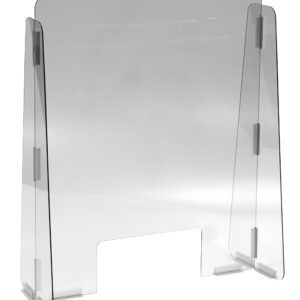The Vestil Cashier Guard, measuring 23x28 from durable 1/8 polycarbonate, includes an 11x5 slot at the bottom center and is supported by two sturdy side panels for stability.