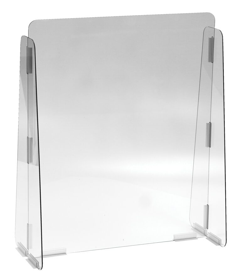 CG1-PA-CA-05_A.jpg The Vestil Cashier Guard features a 23X28 1/4 polycarbonate solid panel, with a central rectangular panel and hinged side panels for stability. Ideal sneeze guard for desks or counters, it offers an effective protective barrier.