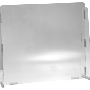 Meet the Vestil Cashier Guard 31X28 1/8 Polycarbonate Solid Panel. This sleek product offers a clear acrylic finish with a base and two angled side panels, ensuring optimal protection while blending seamlessly with light backgrounds.