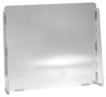 The Vestil Cashier Guard, with 31X28 1/8 polycarbonate solid panels, features a transparent plexiglass sneeze guard comprising a rectangular main panel and two side panels connected by small brackets for subtle light reflection.