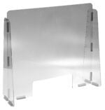 The Vestil Cashier Guard 31X28 1/8 Polycarbonate 15X5 Slot includes clear side and central panels that interlock to form a protective shield, featuring a 15x5 slot gap at the base.
