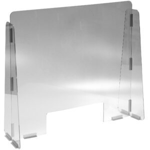 The Vestil Cashier Guard, made of 31X28¼ polycarbonate with a 15X5 slot, includes two clear side panels and is an acrylic barrier ideal for desk safety.
