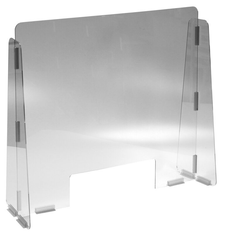 The Vestil Cashier Guard features a 31x28.25 polycarbonate panel with a 15x5 slot, offers side panels for protection against airborne particles, and stands elegantly with its rectangular shape on a plain white background, combining transparency with essential functionality.