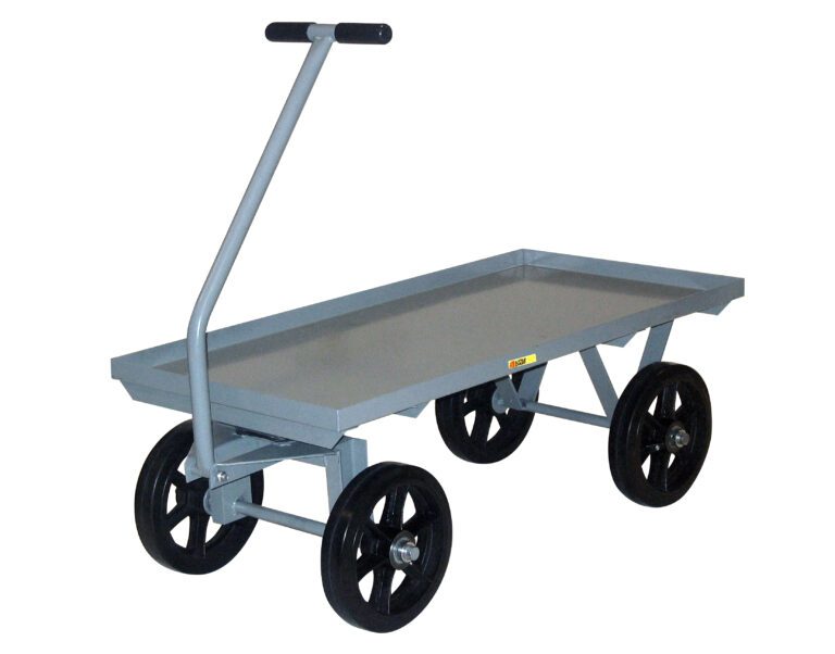 The Little Giant Heavy-Duty Wagon Truck is a gray metal platform cart with four black wheels and a vertical push handle, ideal for efficiently transporting items on its flat surface.