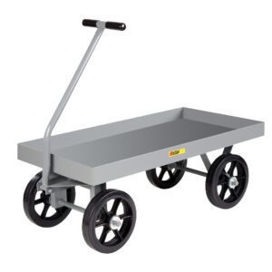 The Little Giant Heavy Duty Deep Lip Wagon Truck has a gray metal frame, long handle, and four large black wheels—ideal for transporting heavy items. Its rectangular bed with raised edges offers a simple, functional look perfect for robust tasks.