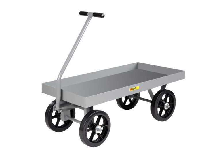 The Little Giant Heavy Duty Deep Lip Wagon Truck has a gray metal frame, long handle, and four large black wheels—ideal for transporting heavy items. Its rectangular bed with raised edges offers a simple, functional look perfect for robust tasks.