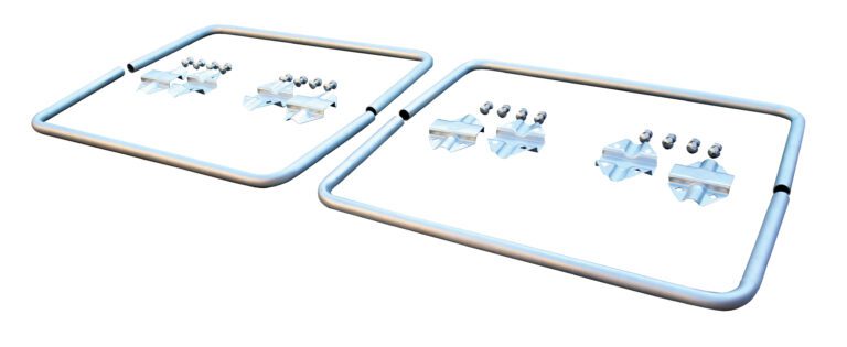 Two sets of rectangular metal frames with matching hardware, including brackets and screws similar to the Vestil Cargo Bar Hoops Galvanize Cl-Series 1.5 style, are symmetrically arranged on a plain white background.