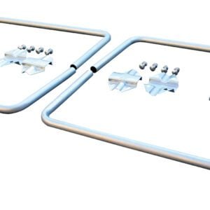 Two sets of rectangular metal frames with matching hardware, including brackets and screws similar to the Vestil Cargo Bar Hoops Galvanize Cl-Series 1.5 style, are symmetrically arranged on a plain white background.