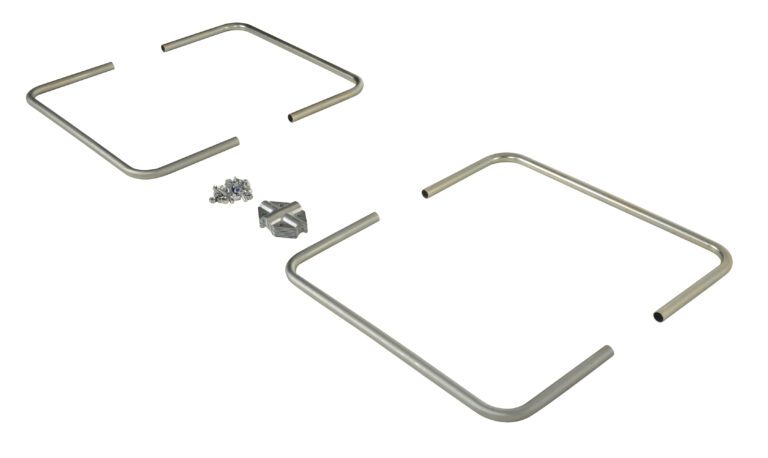On a white background, metal brackets and fittings are arranged. Four U-shaped stainless steel tubes, similar to Vestil Cargo Bar Hoops Galvanize Cb-Series 1 In, are set opposite each other in pairs. Small screws and an angled metal plate for the CB-Series 1 In system occupy the center.