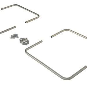 On a white background, metal brackets and fittings are arranged. Four U-shaped stainless steel tubes, similar to Vestil Cargo Bar Hoops Galvanize Cb-Series 1 In, are set opposite each other in pairs. Small screws and an angled metal plate for the CB-Series 1 In system occupy the center.