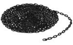 The Vestil 3/16 Chain, Per Foot, Black, coiled metal chain extends elegantly outward on a pristine white background.