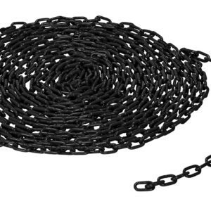 The Vestil 3/16 Chain, Per Foot, Black, coiled metal chain extends elegantly outward on a pristine white background.