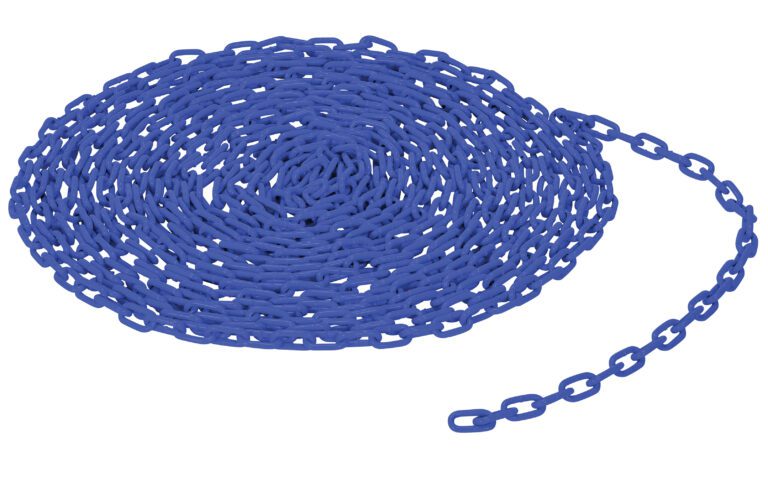 A Vestil 3/16 Chain, Per Foot, Blue, neatly coiled with one end extended, features uniform blue links forming a consistent pattern against a plain white background.