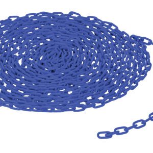 A Vestil 3/16 Chain, Per Foot, Blue, neatly coiled with one end extended, features uniform blue links forming a consistent pattern against a plain white background.